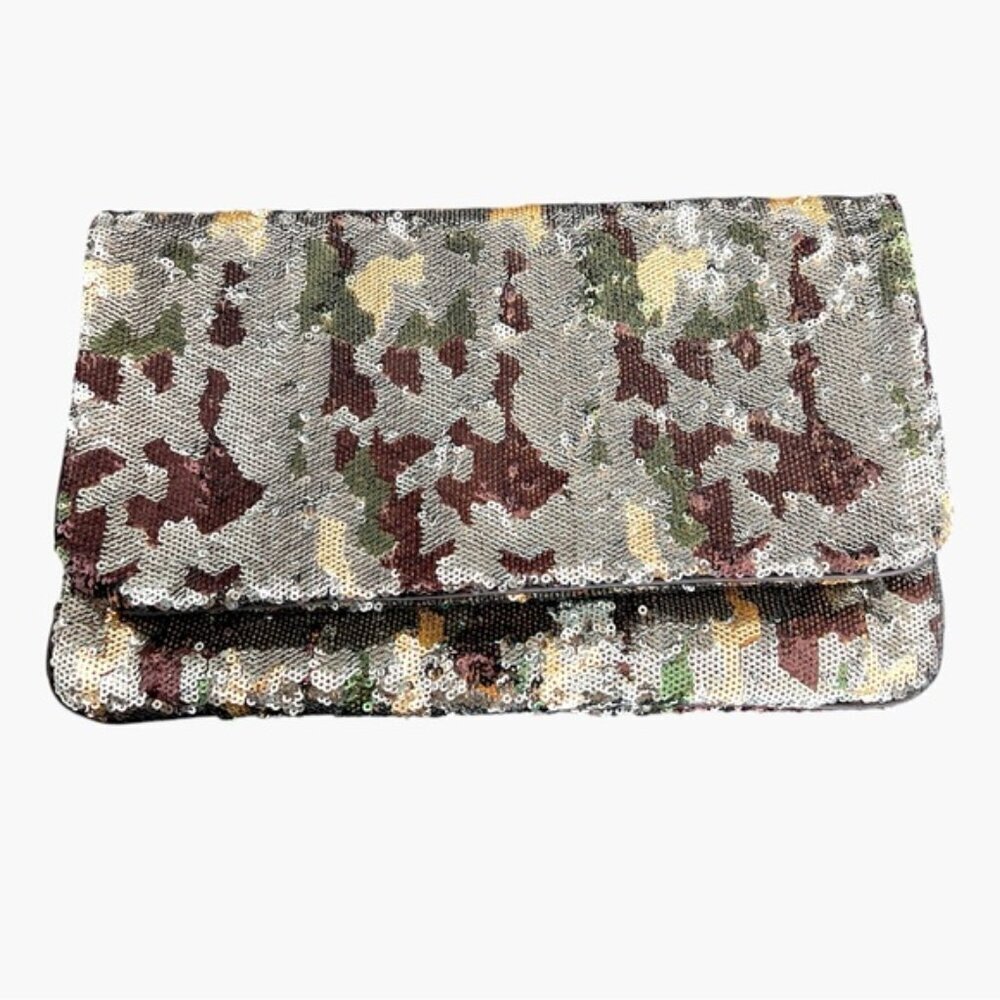 BCBGMAXAZRIA Sequin Camo Foldover Clutch Wallet Green Gold Brown Black Large NYE - Picture 1 of 9